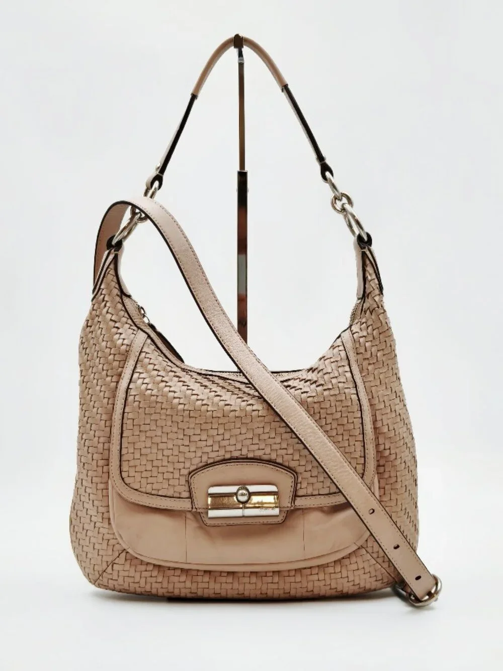 Coach Beige Woven Leather Hobo Shoulder Bag Turnlock Purse